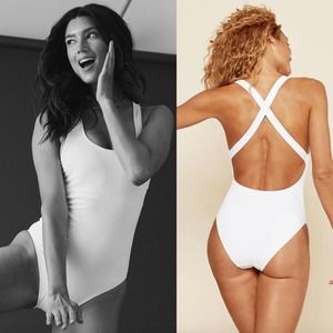 Andie The Tulum One Piece Swimsuit Ribbed White Medium Long Torso New